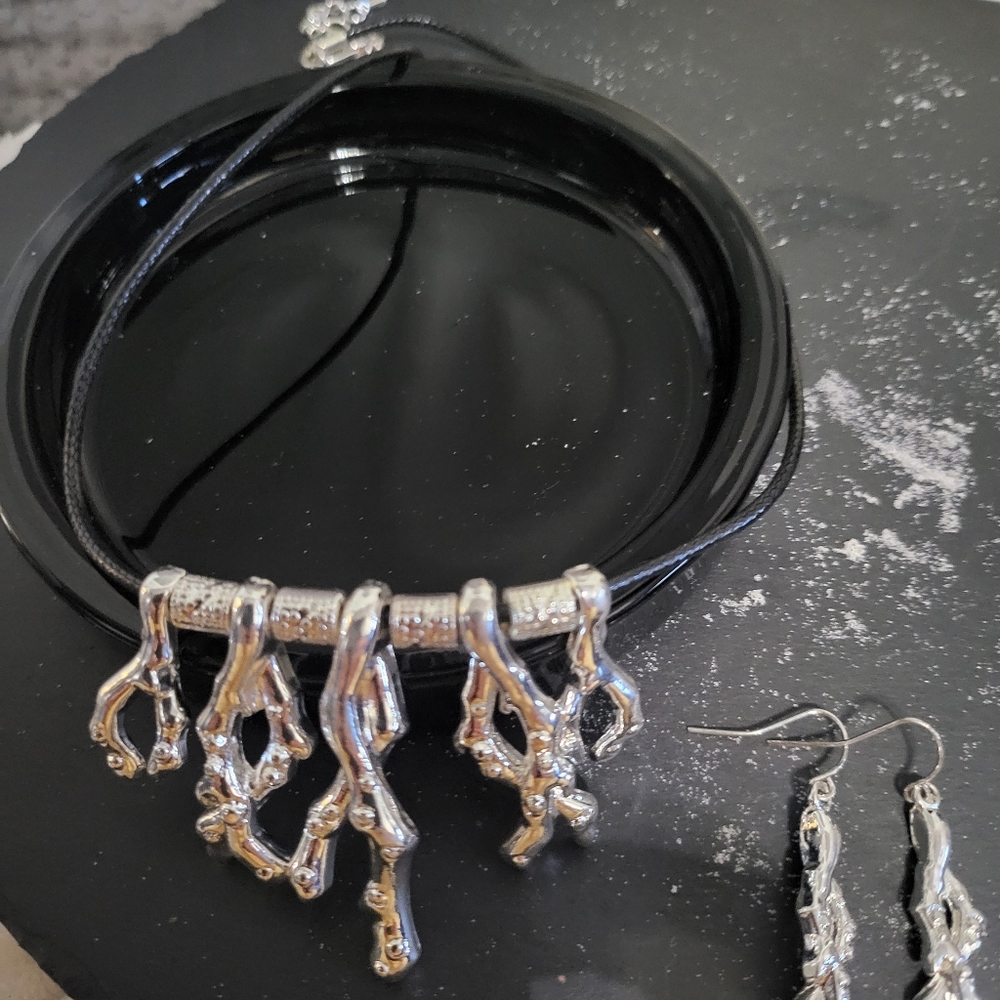 Silver Bohemian Wishbone Necklace & Earrings